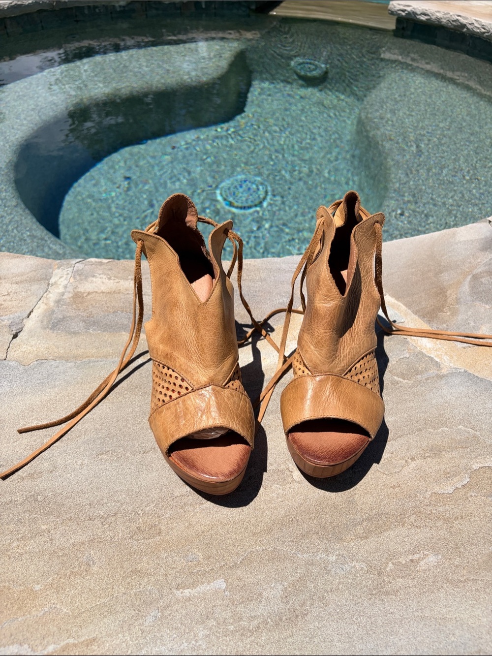 Free People Tan Open-Toe Lace-Up Leather Heels